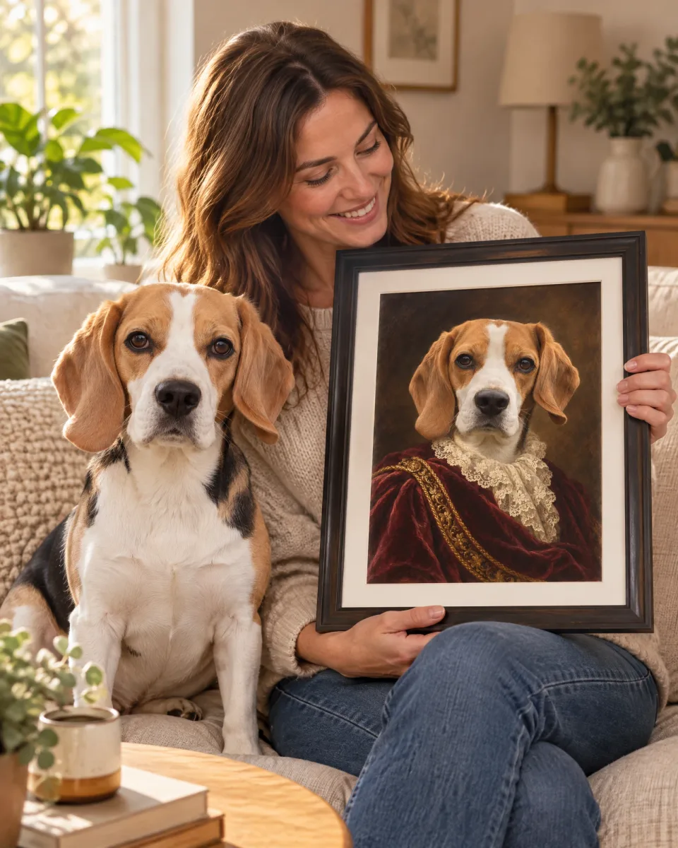 Illustrative scene: an owner and beagle with a royal-style framed portrait